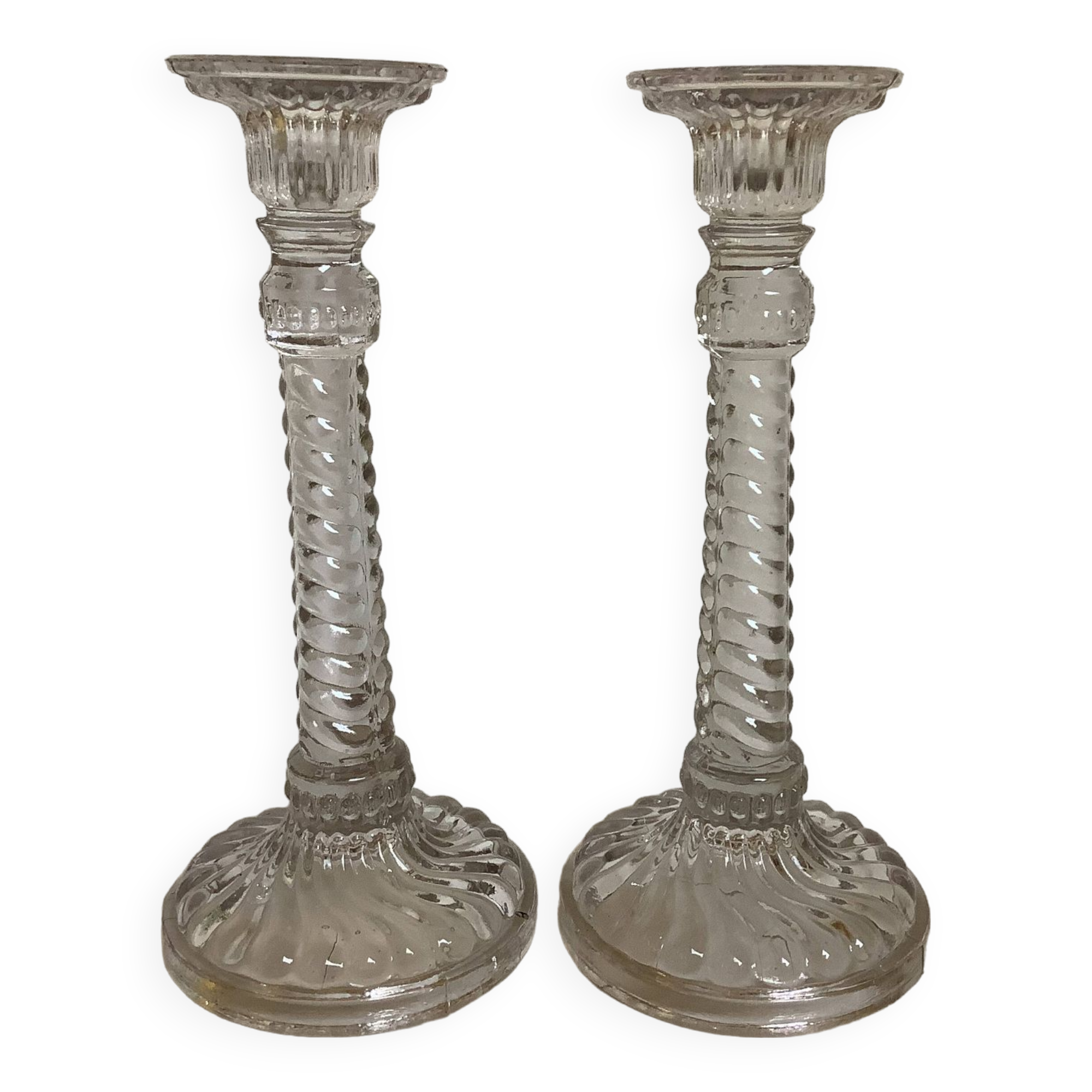 Pair of old molded glass candlesticks