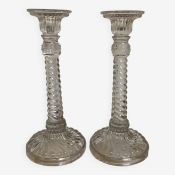 Pair of old molded glass candlesticks