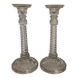 Pair of old molded glass candlesticks