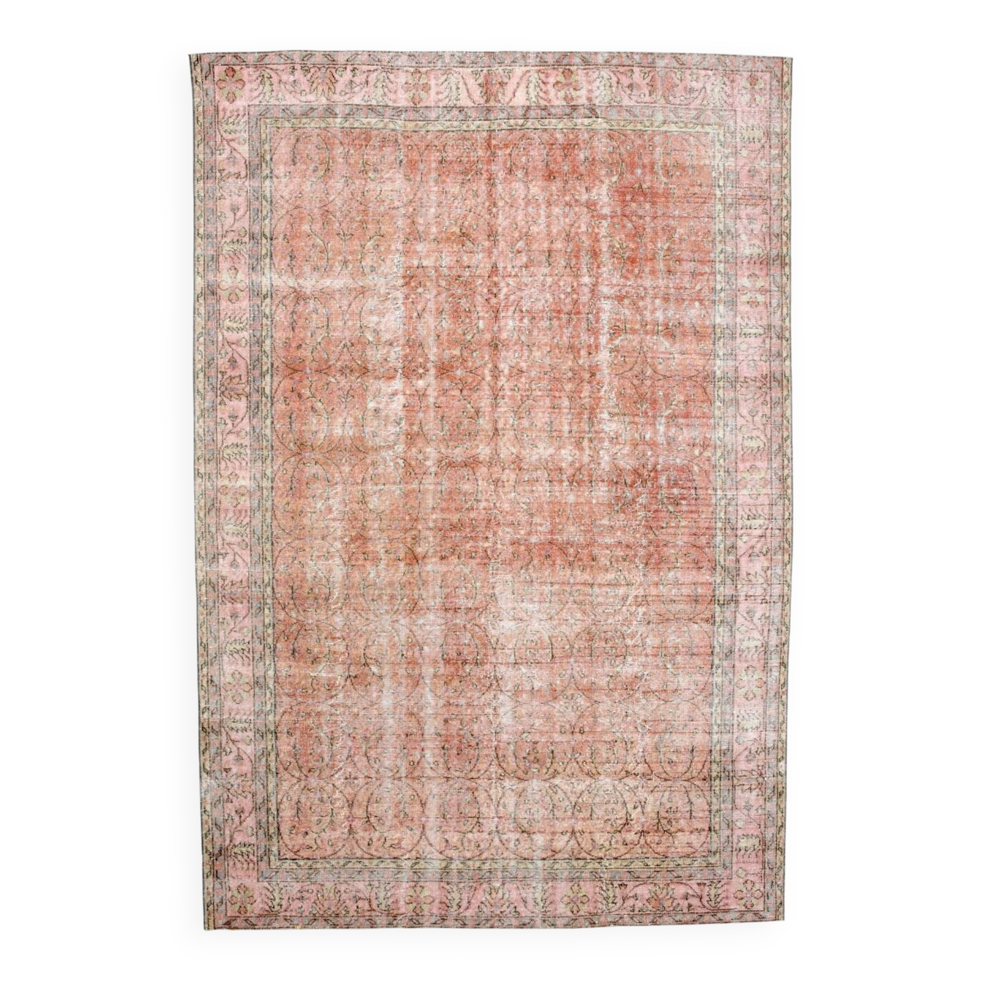 Tapis vintage à décor floral rouge et beige