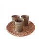3 vintage 70s glazed stoneware cups and the wicker tray.