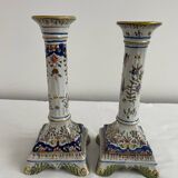 Candlesticks, square base, 19th century, Fourmaintraux, Desvres, flower decoration, scrolls, lambrequins, trellis