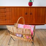 Modernist rattan and metal magazine rack 1970