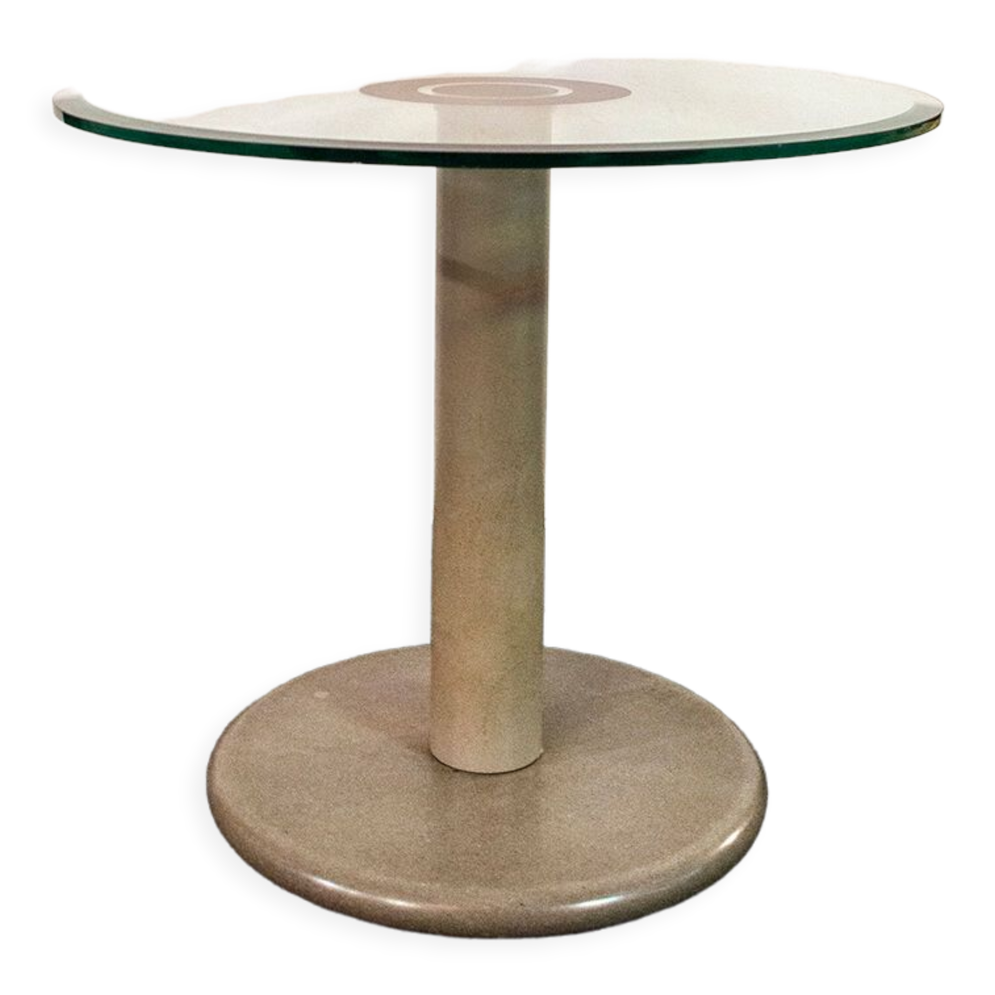 Coffee table with granite base, enamelled iron structure, 80s glass top