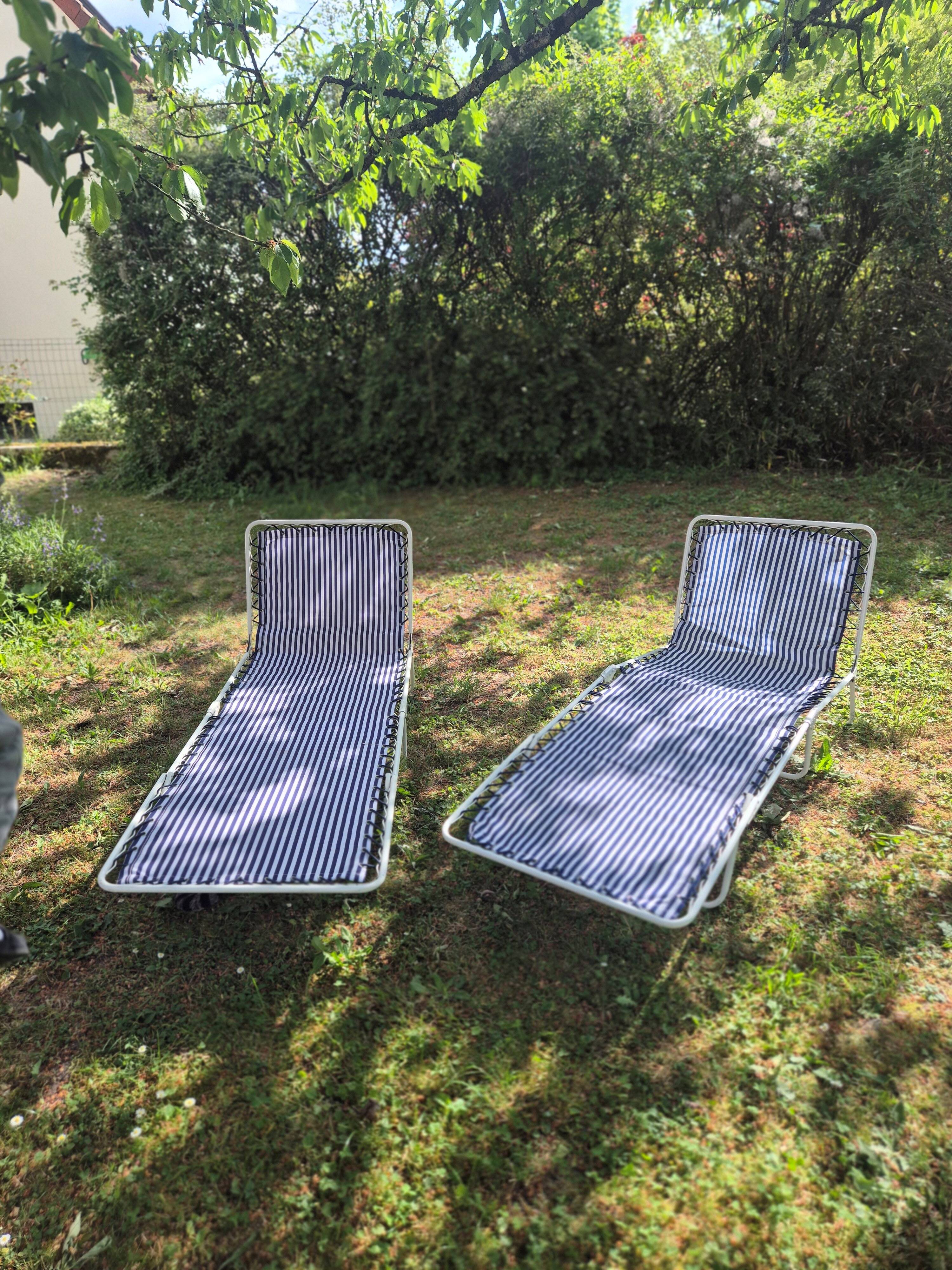 Lot de 2 transats vintage lafuma mariniere a rayures blanche marine