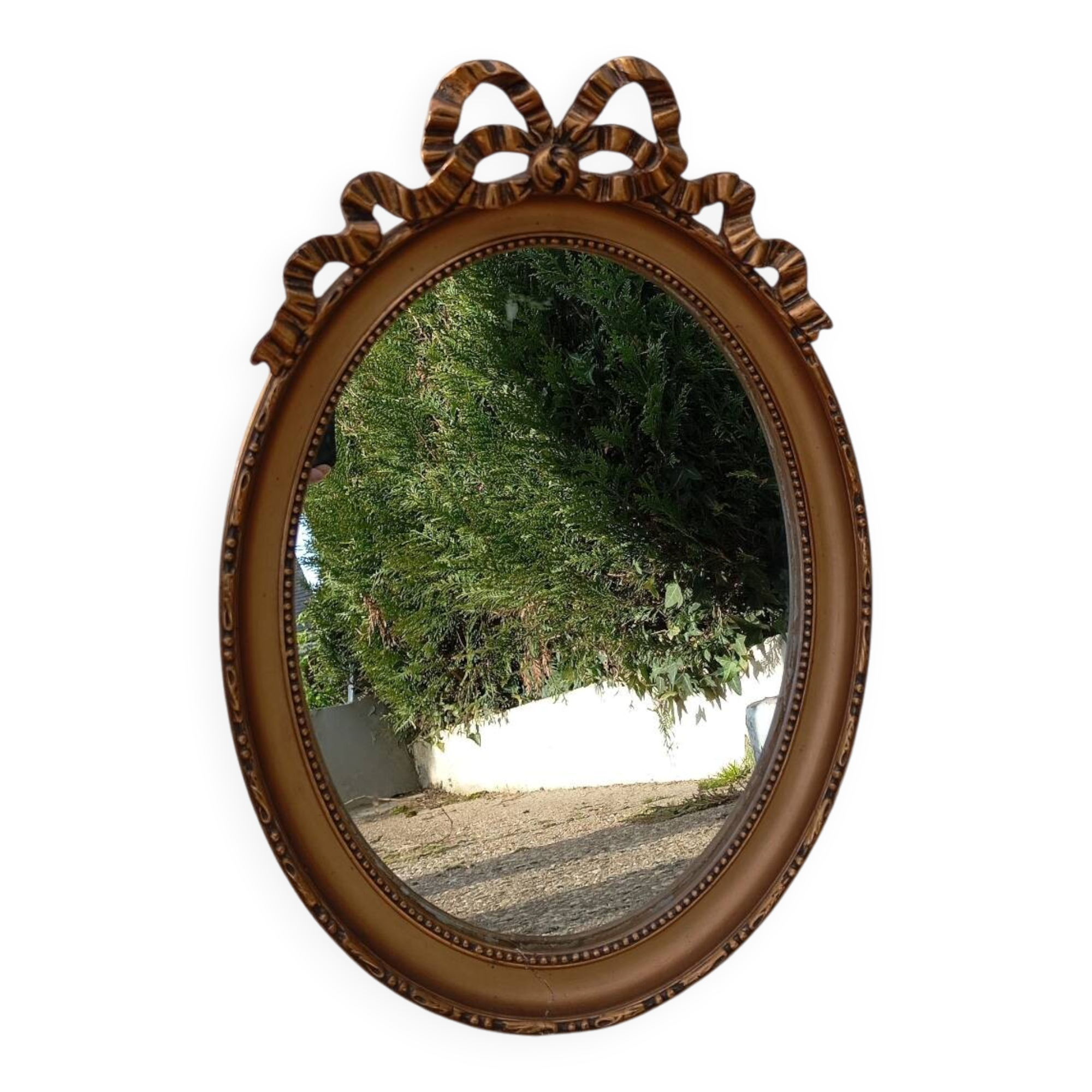 Vintage Louis XVI style oval gold mirror / bow