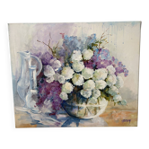 Boules de neige et lilas, huile sur toile signé Paumier