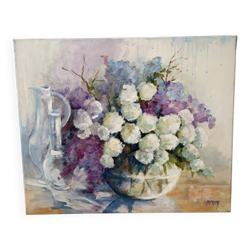 Boules de neige et lilas, huile sur toile signé Paumier