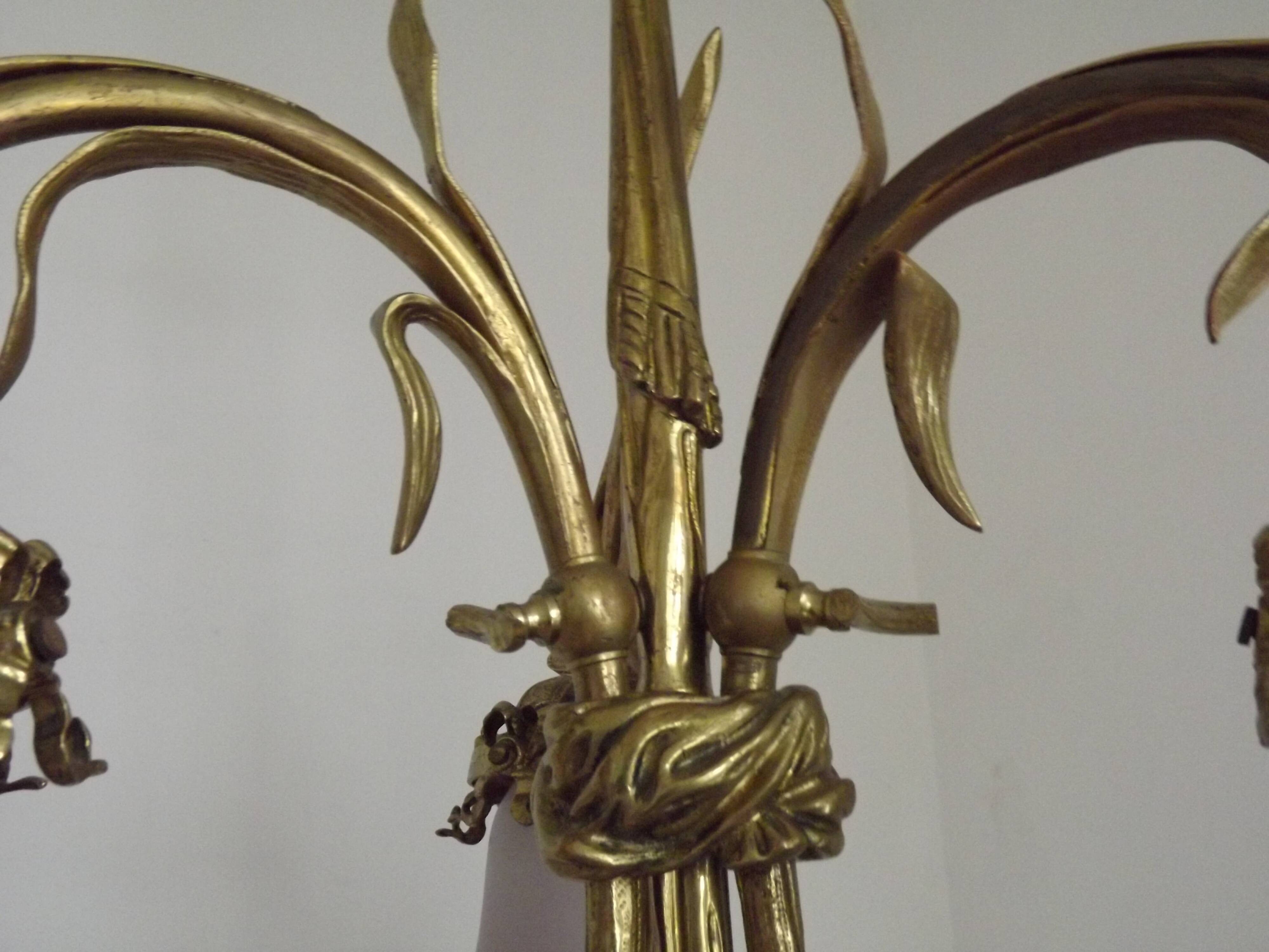 French Antique Late 1800s 3-Light Gilt Bronze Chandelier Art Glass Shades 5089