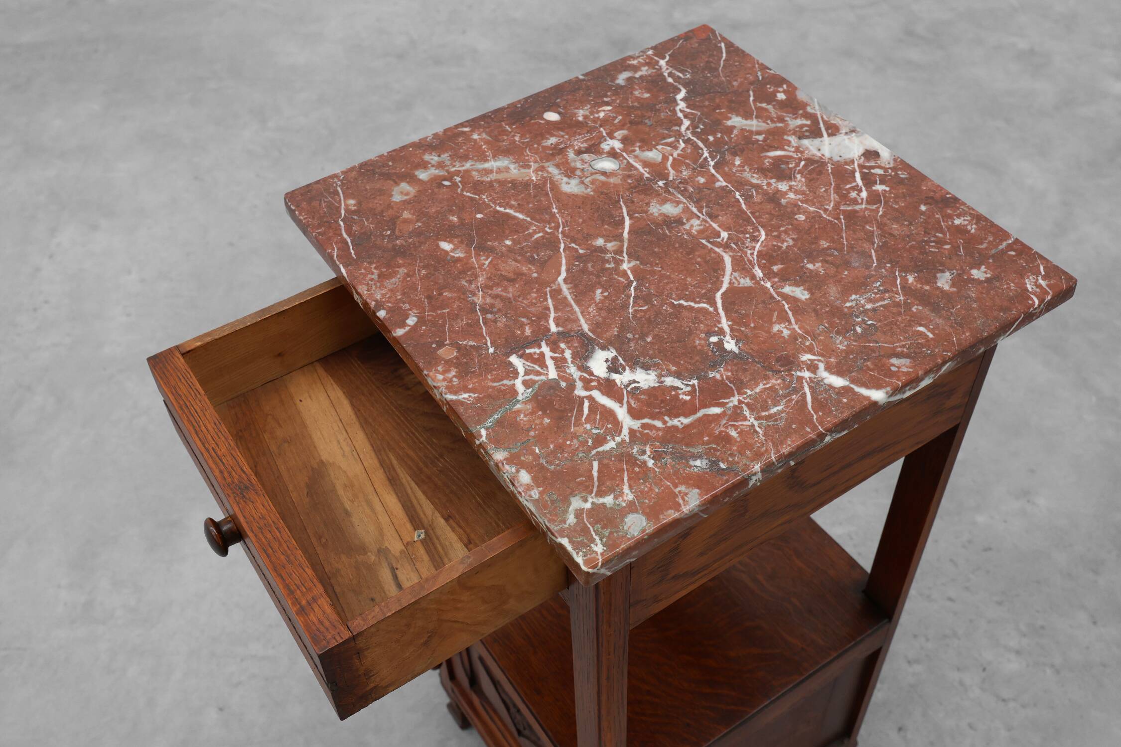 Art Deco Wood and Terracotta Marble Top Nightstand, France 1920s