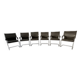 Set of 6 Uno chairs in grey leather on tubular chrome cantilevered frames