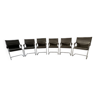 Ensemble de 6 chaises Uno en cuir gris sur piètement tubulaire chromé en porte-à-faux