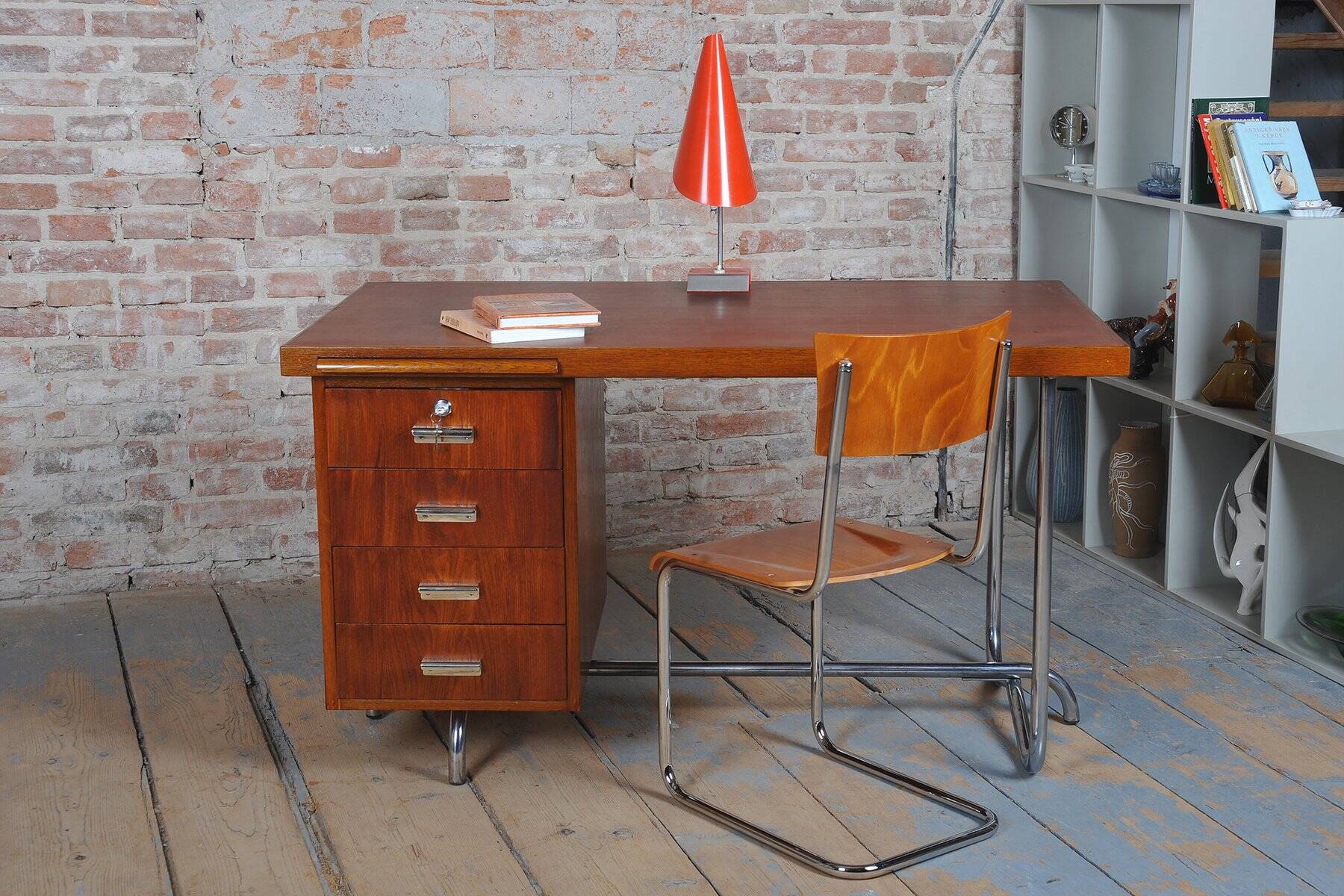 Bauhaus Writing Desk in Oak and Chrome attributed to Hynek Gottwald, Czechia, 1930s