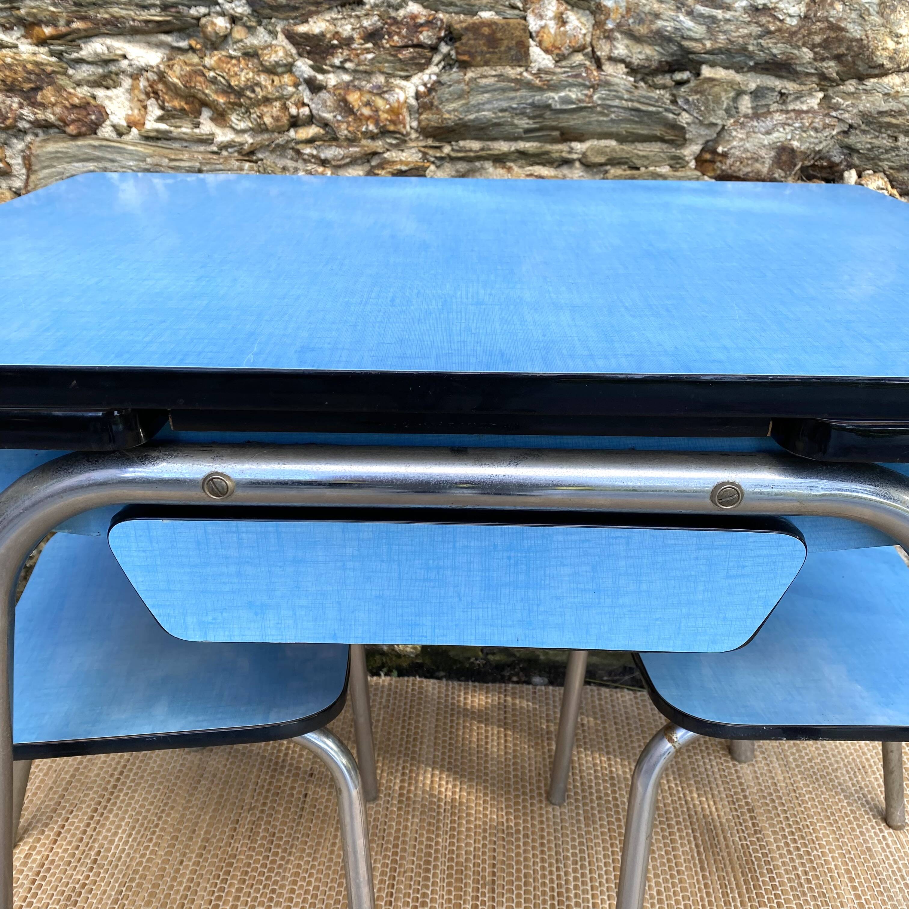 Extendable blue formica table and 2 chairs, 1960s