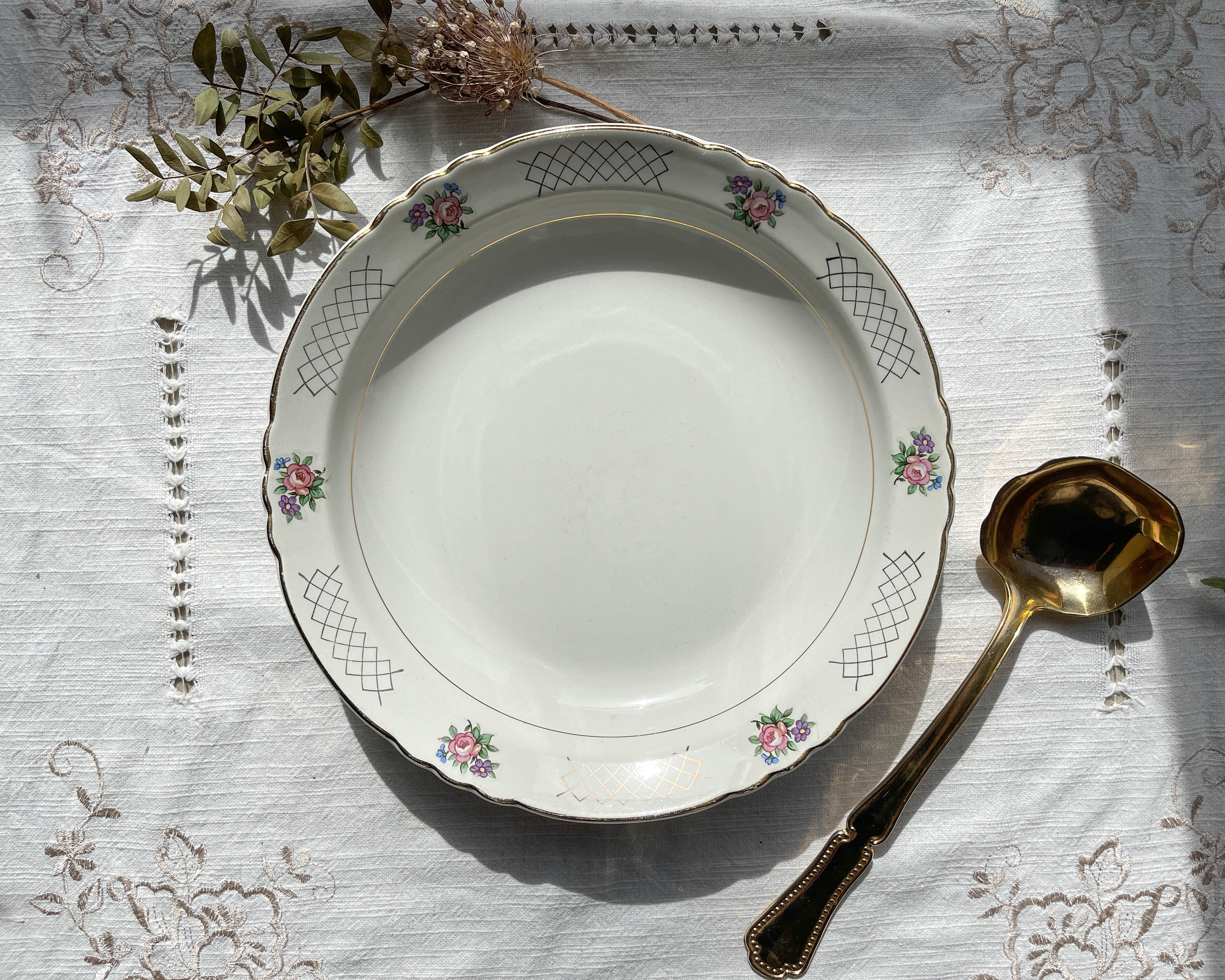 Vintage hollow dish in floral earthenware Moulin des Loups model "Cordoue"