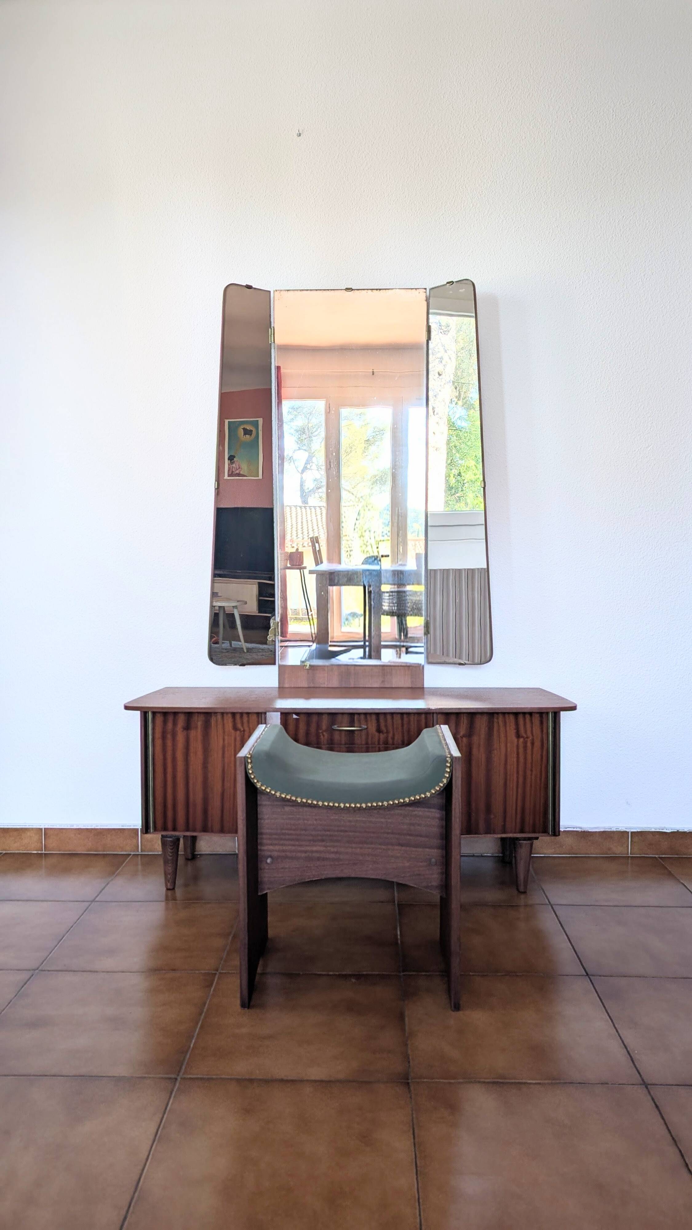 Vintage 70s dressing table with triptych mirror and matching bench.