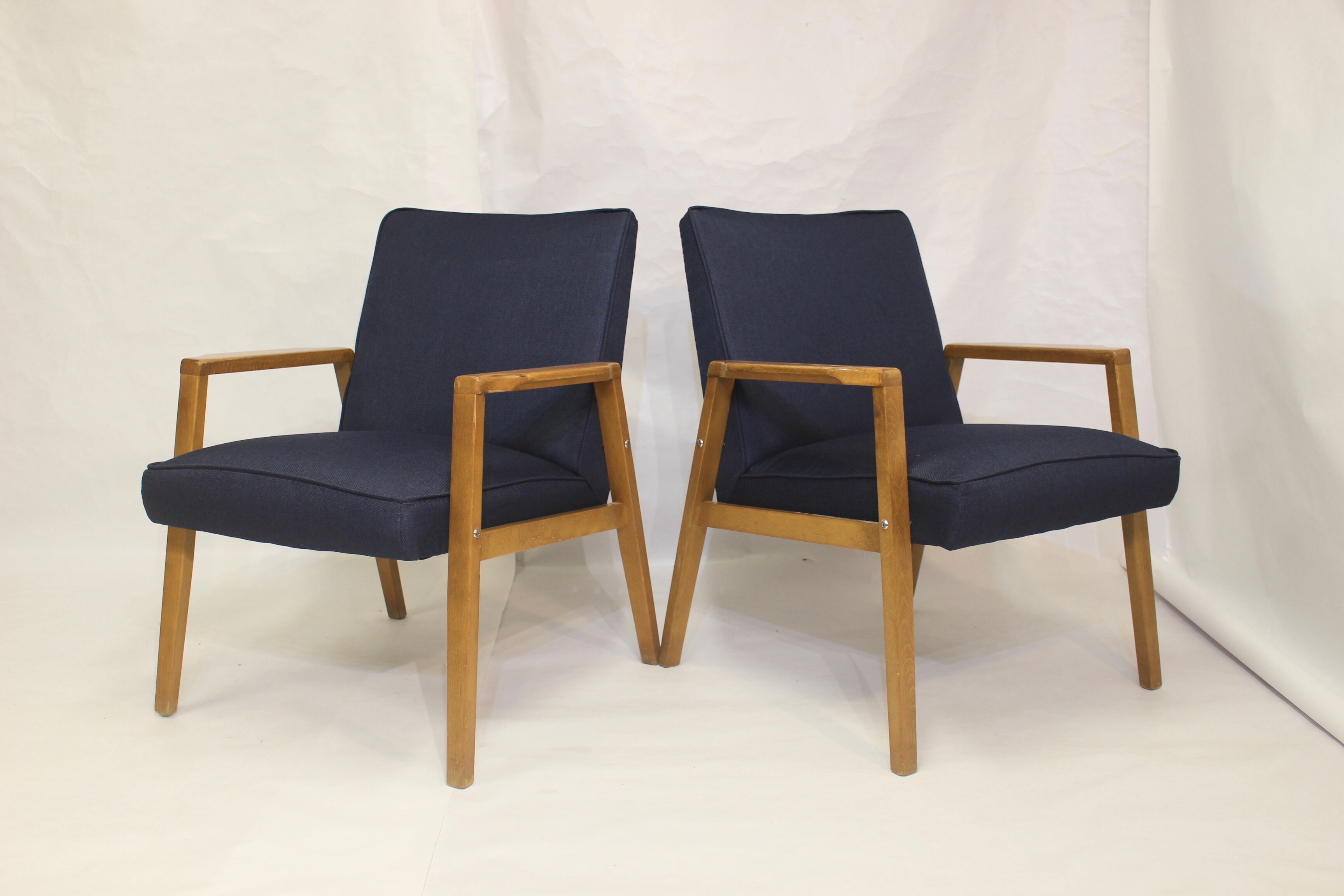 Pair of Scandinavian armchairs 60s restored deep blue gloved fabric.