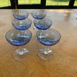 6 champagne glasses in blue glass and vintage transparent base