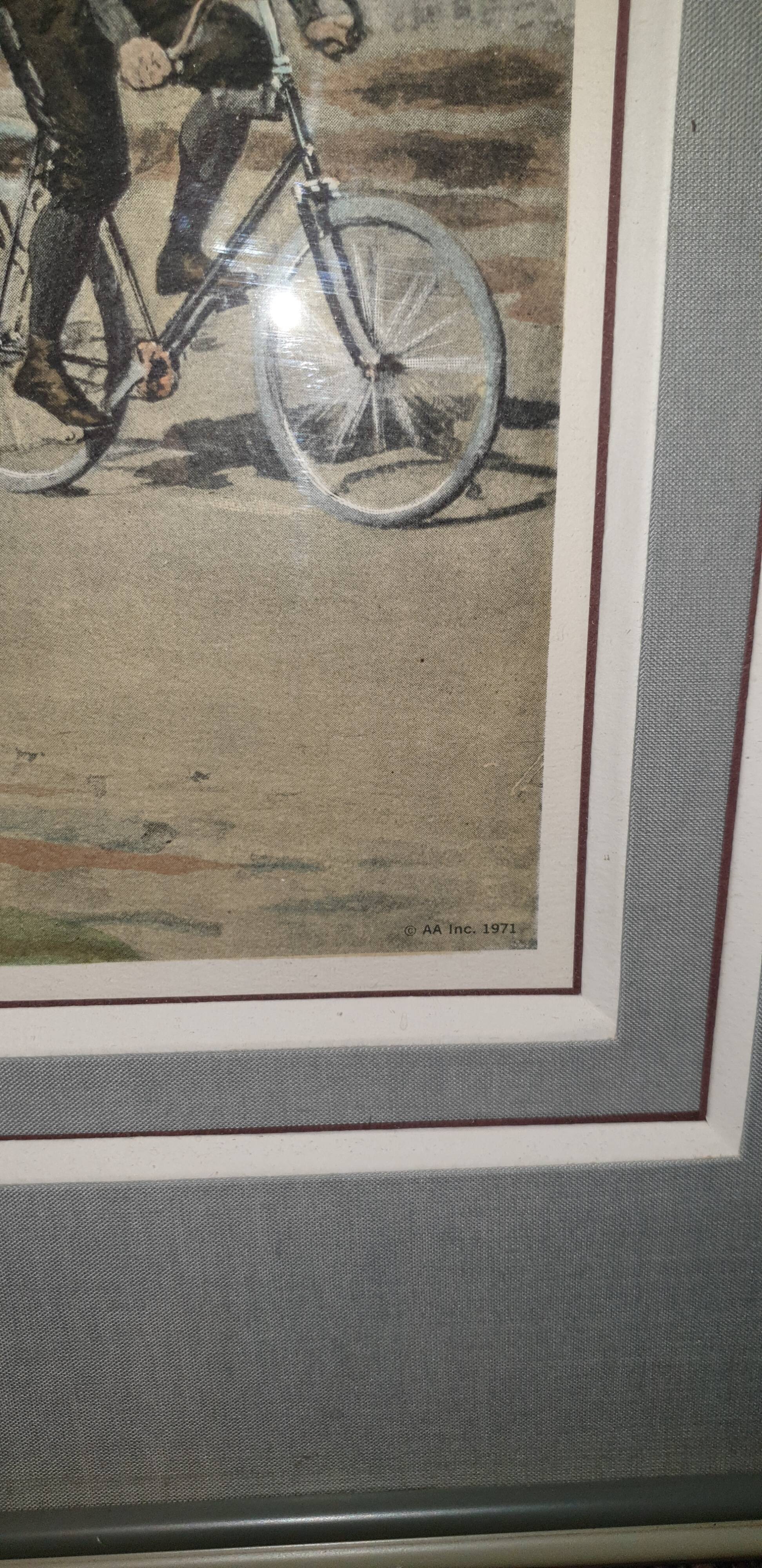 Engraving under glass group of cyclists