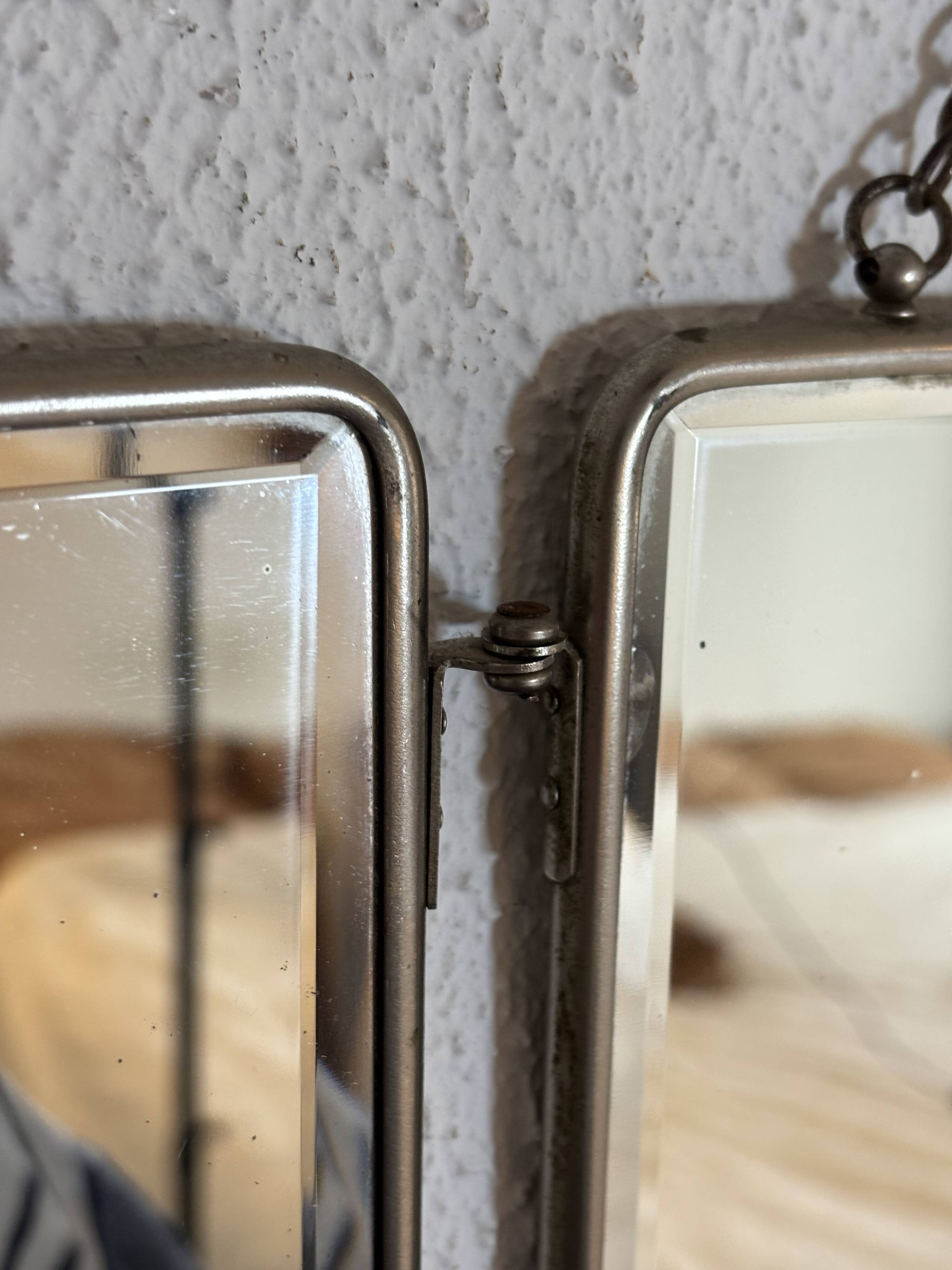 Vintage 1930s triptych barber mirror, beveled black crystal - 25 x 59 cm