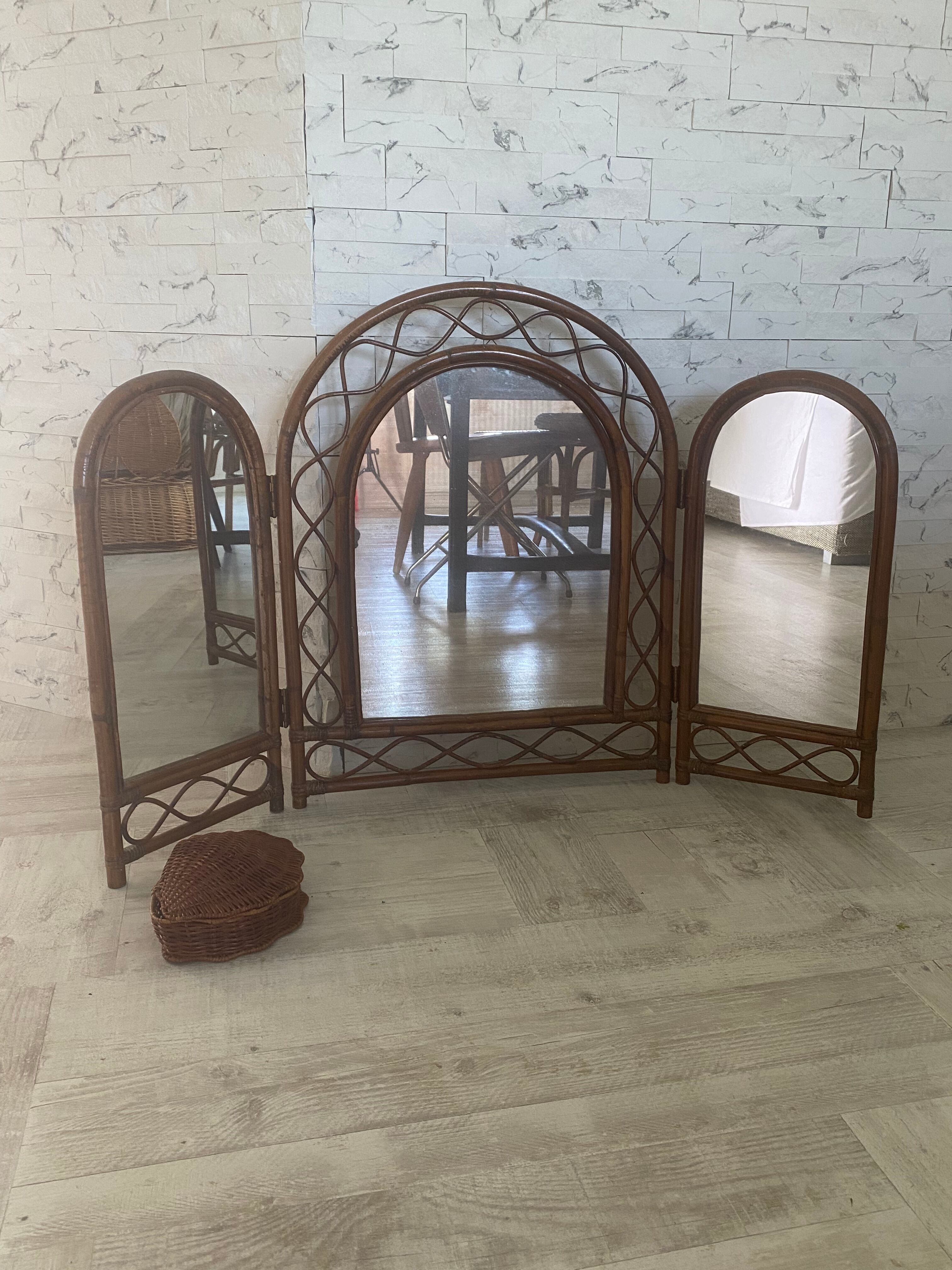 Large triptych rattan mirror 105x68cm