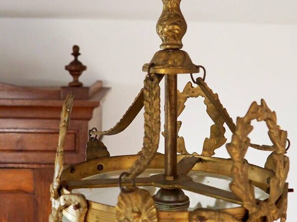 Antique French Louis XVI Style Glass and Bronze Pendant Lamp c. 1900