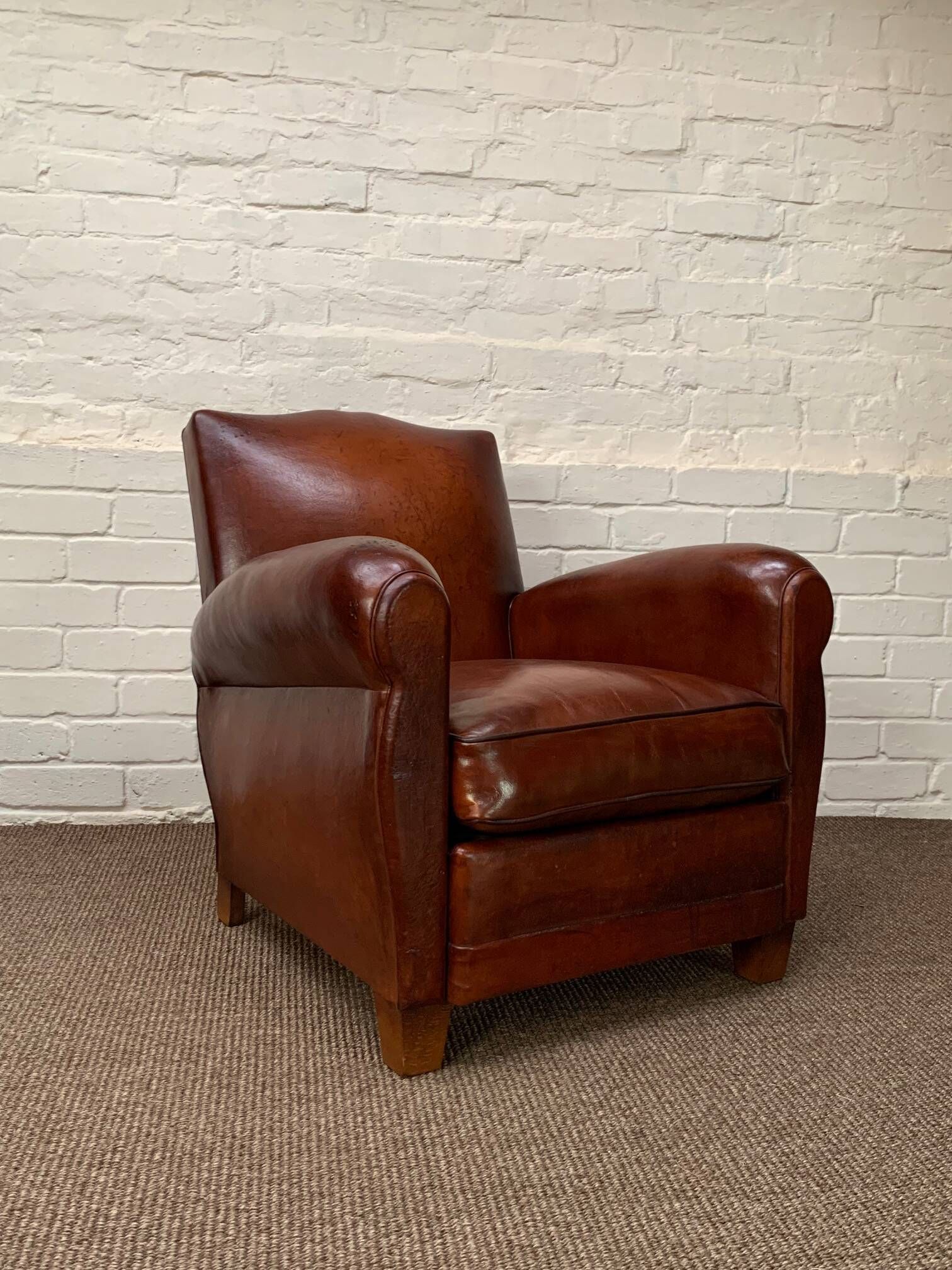 A Beautiful French Leather Club Chair, Moustache Model Circa 1950's