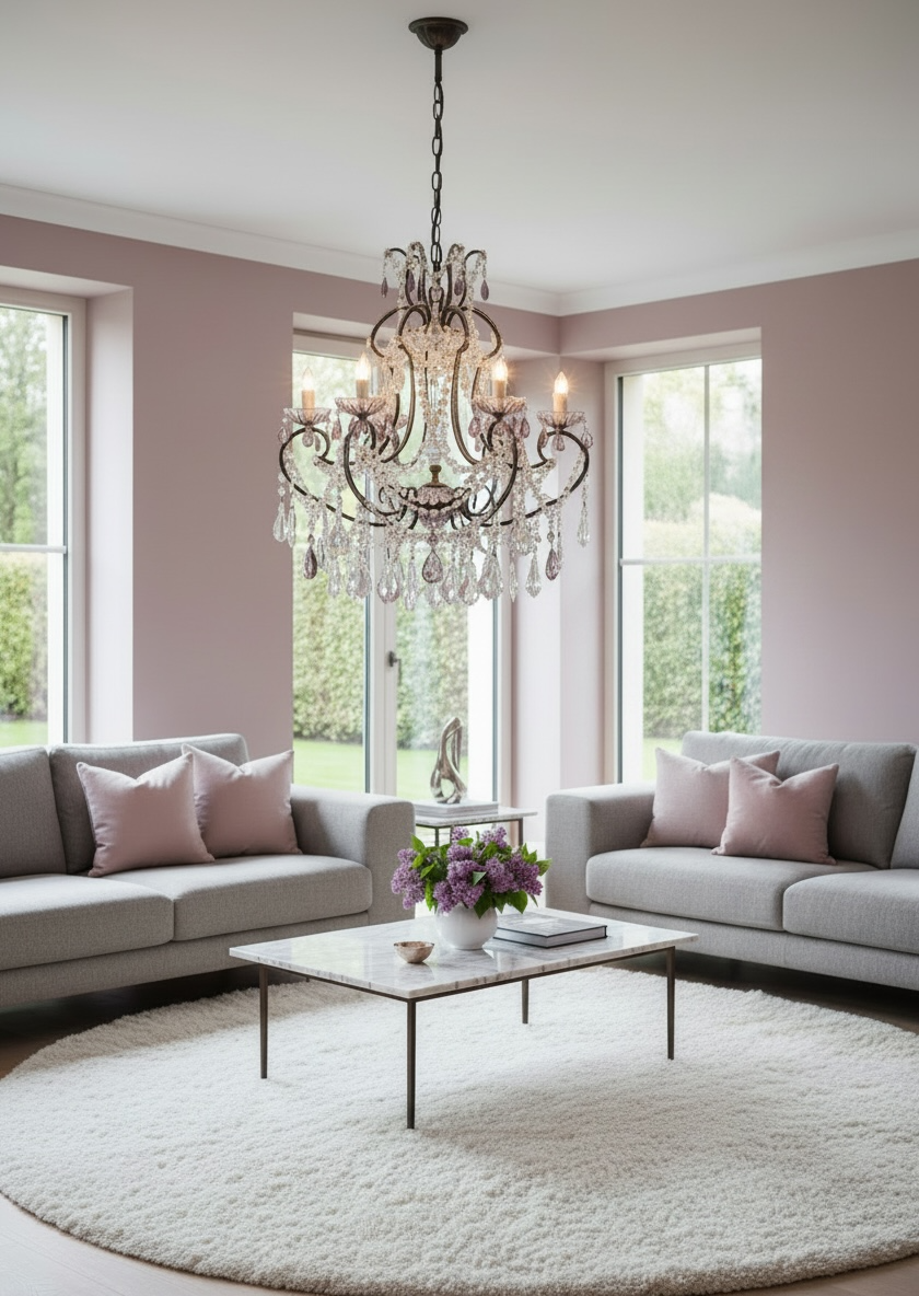 Chandelier vintage en cristal italien avec bobeches en verre lilas, 1