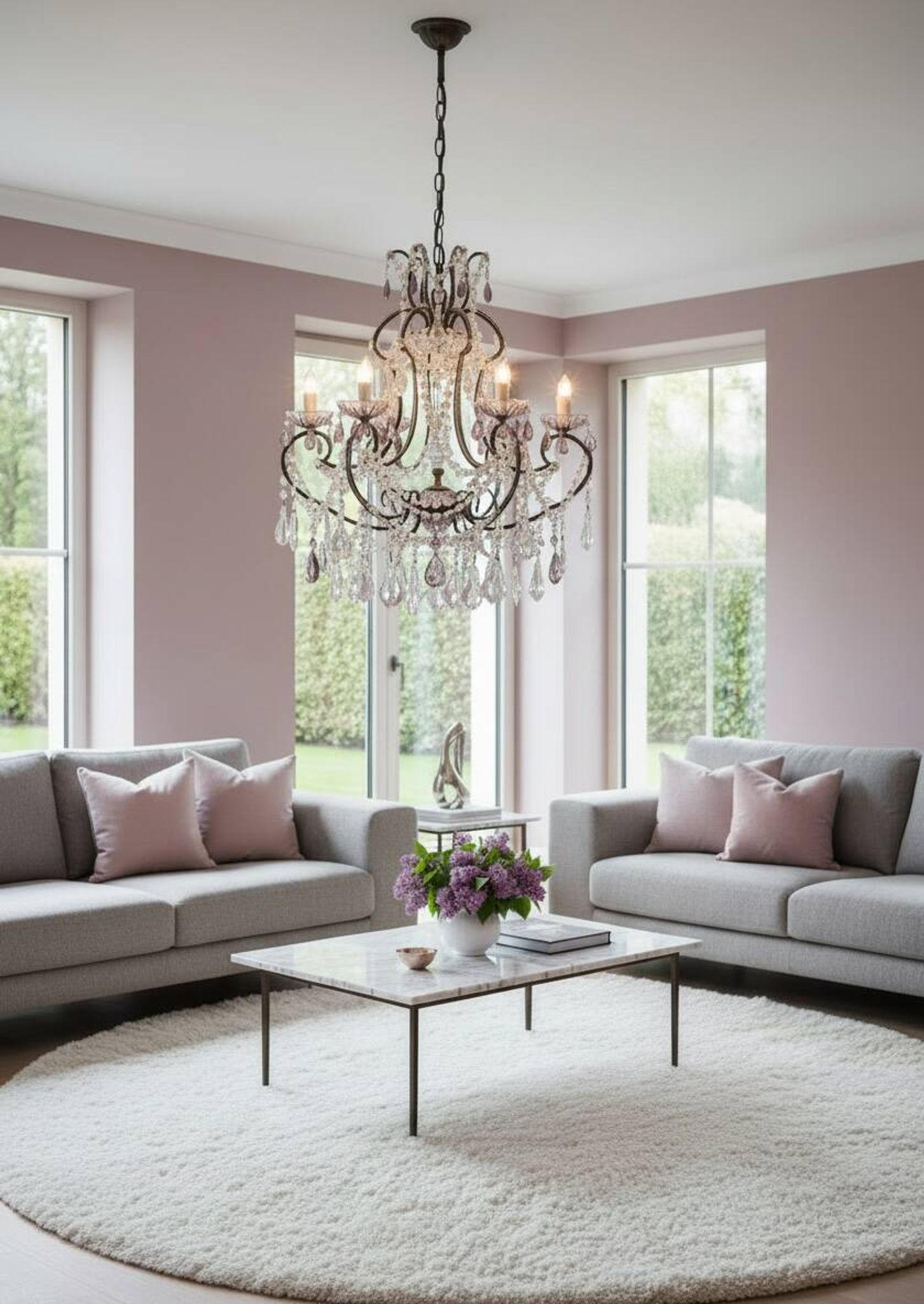Vintage Italian Crystal Beaded Chandelier with Lilac Glass Bobeches, 1