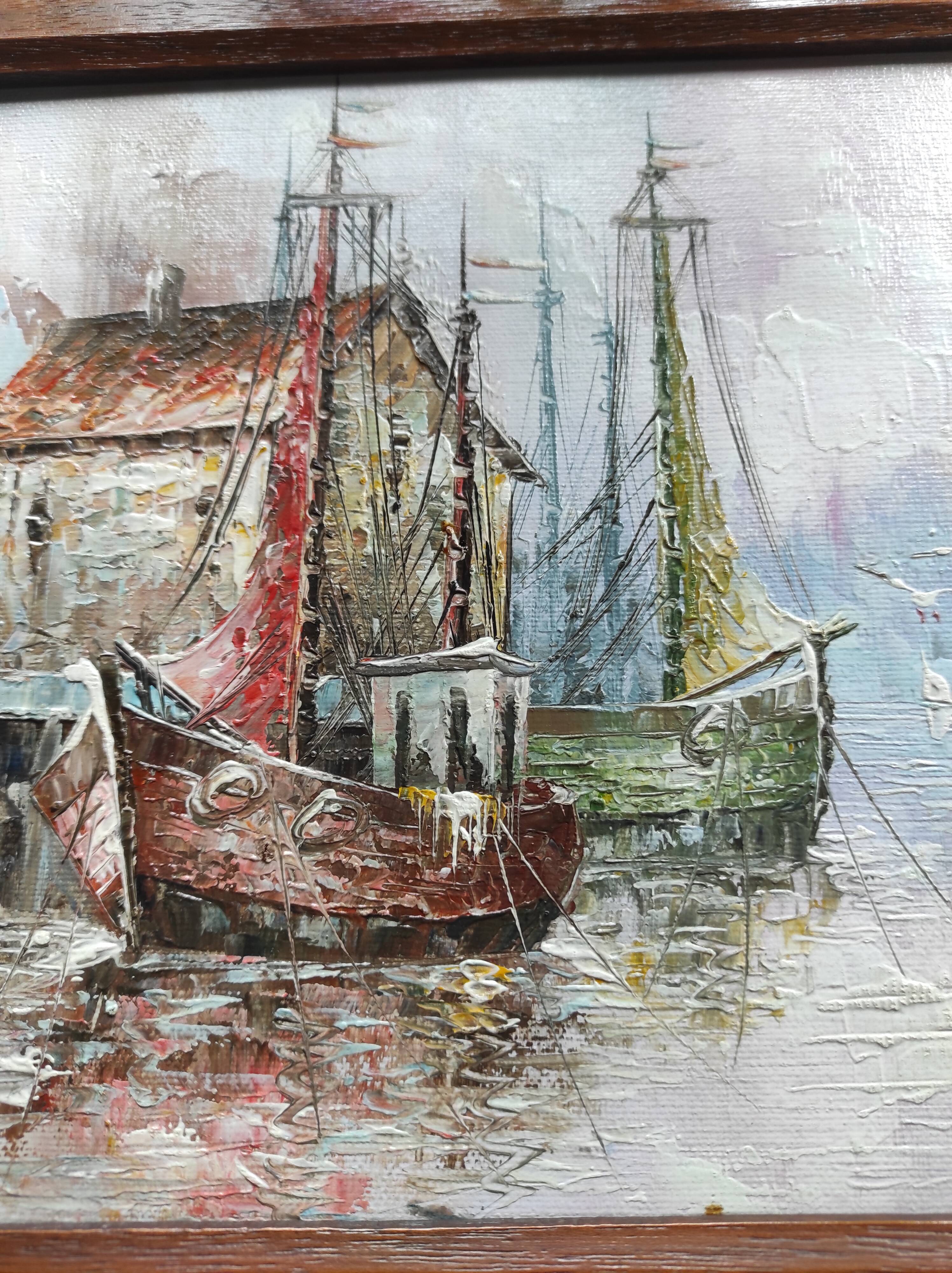 Oil painting on framed canvas seascape/boats/port signed Morlay