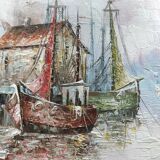 Peinture à l'huile sur toile encadrée paysage marin/bateaux/port signée Morlay