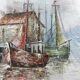 Oil painting on framed canvas seascape/boats/port signed Morlay