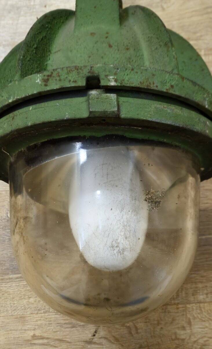 Old industrial cast iron lamp – workshop/factory light – glass