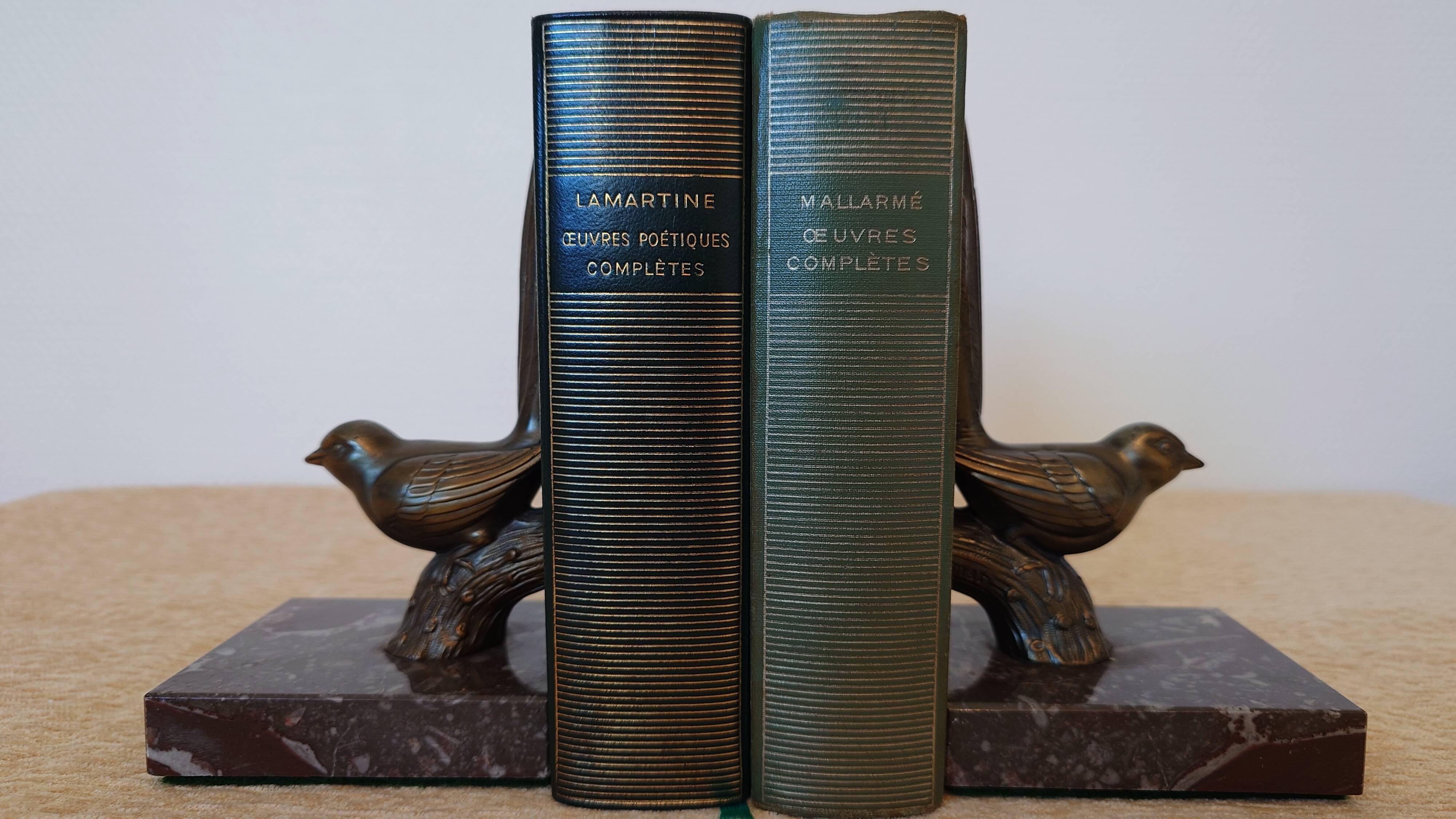 Art Deco bookends signed Jamar – birds in spelter on marble