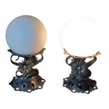 Pair of vintage wrought iron and opaline lamps from the 1960s.