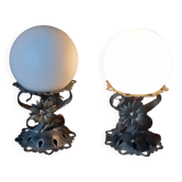 Pair of vintage wrought iron and opaline lamps from the 1960s.
