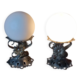 Pair of vintage wrought iron and opaline lamps from the 1960s.