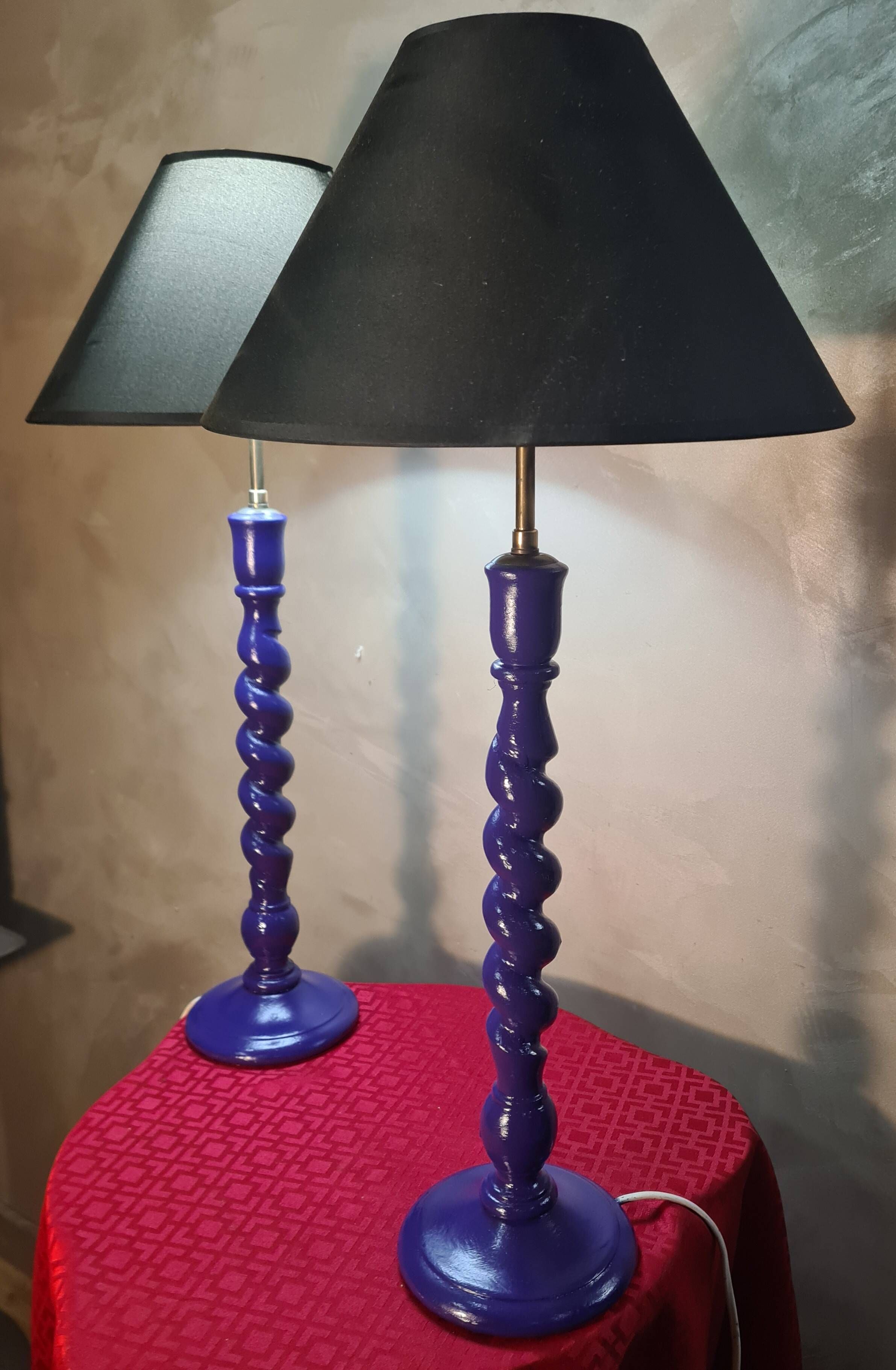 pair of twisted wooden lamps purple electric check 62x30