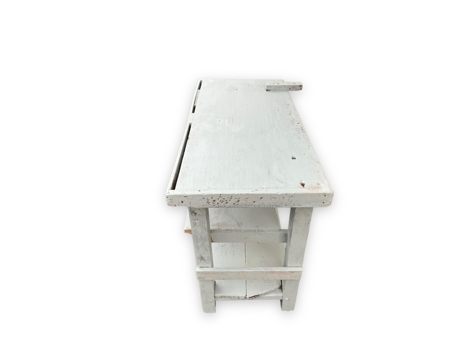 Light blue painted wooden workbench