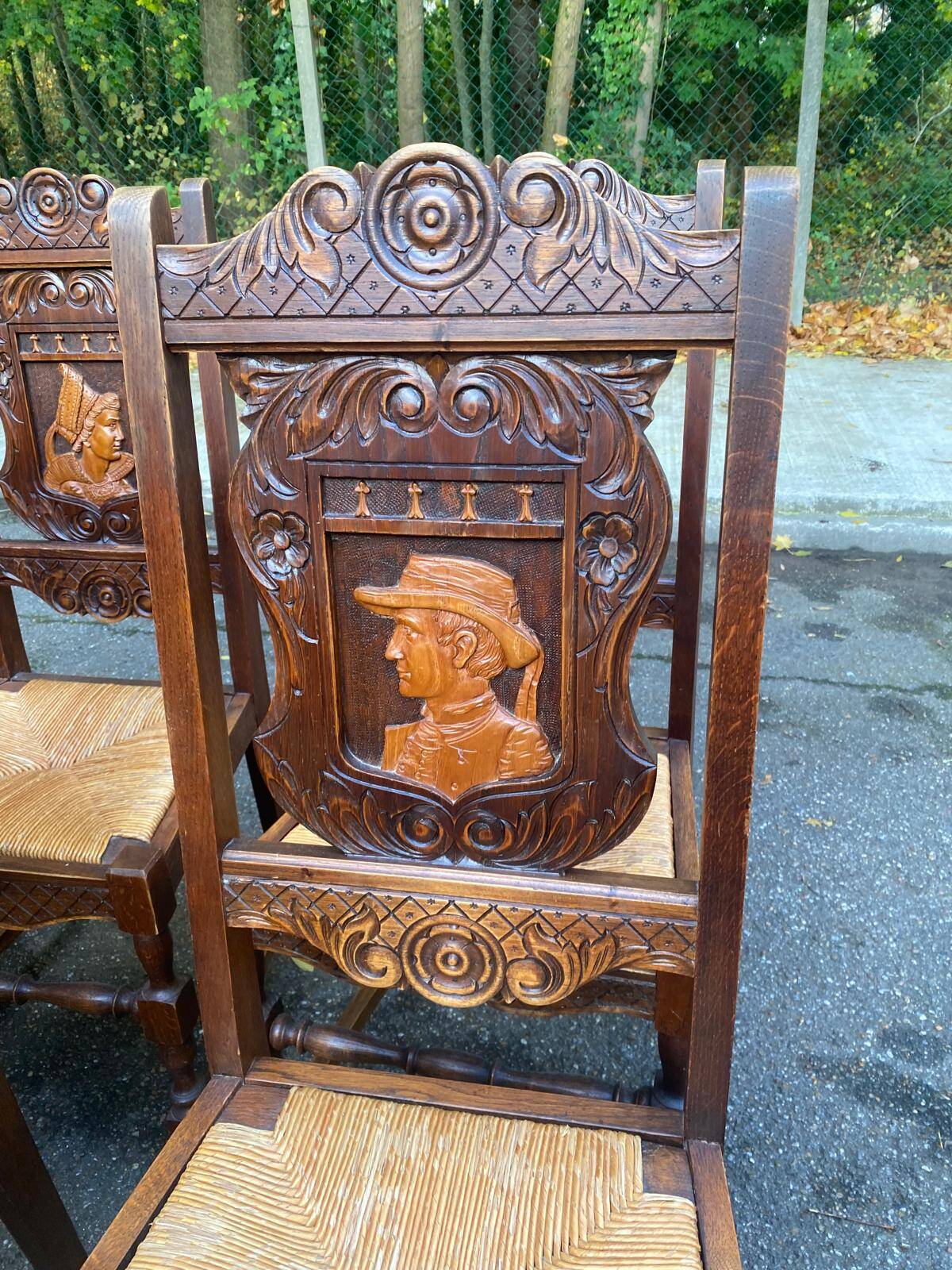 6 Henri II style solid wood straw-seated chairs
