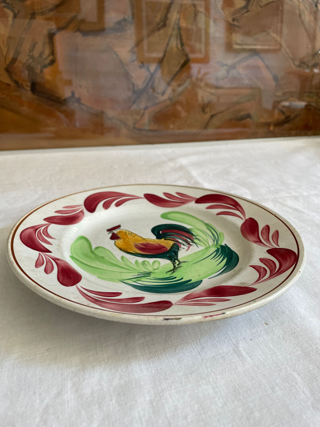 Flat plate old rooster earthenware Digoin Sarreguemines