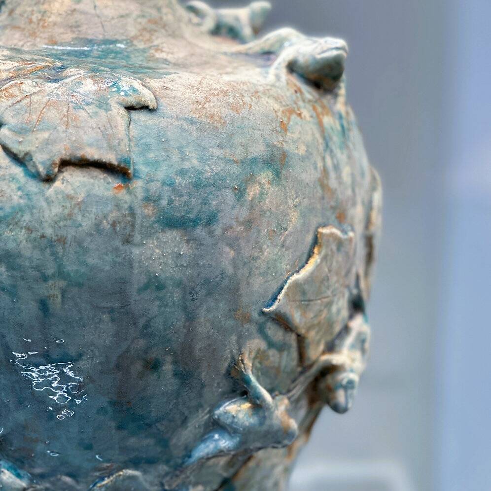 Handmade French ceramic lamp with ivy & frogs in turquoise glaze with gold accents