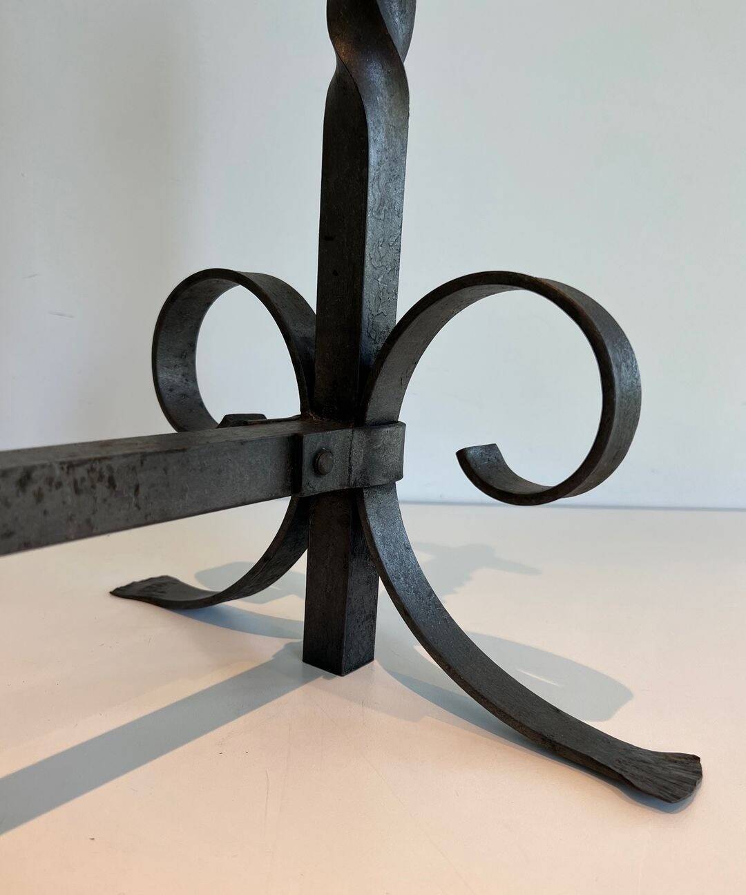 Pair of Neoclassical Fire Dogs in Wrought Iron with Twisted Columns, Finials