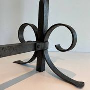 Pair of Neoclassical Fire Dogs in Wrought Iron with Twisted Columns, Finials