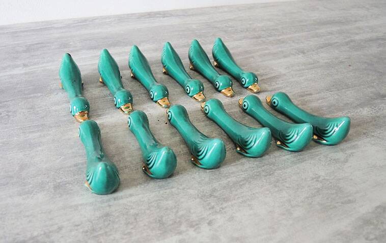 12 Old Duck Knife Holders in Green Ceramic