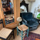 Vintage stool in green patinated wood and straw
