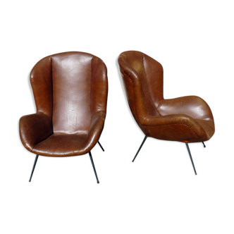 Pair of vintage armchairs feet compass 60s
