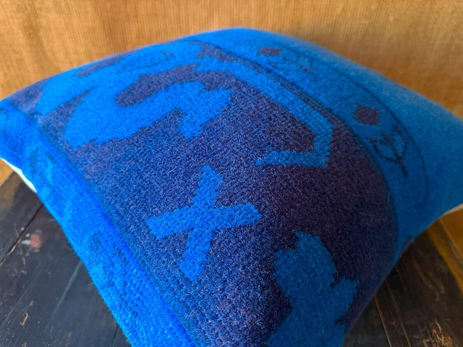 Electric Blue Vintage Turkish Rug Pillow, Hand-Stitched Wool Cushion