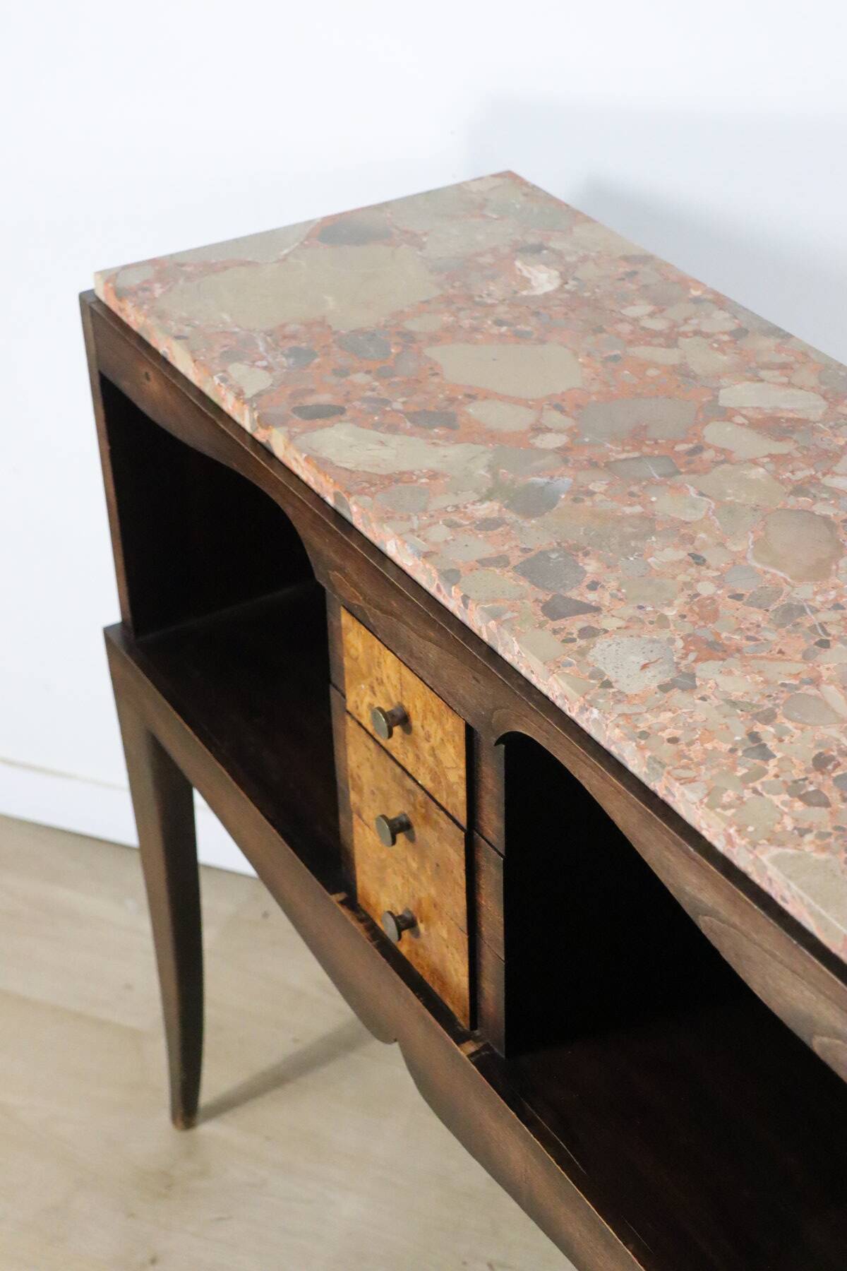 Vintage wooden and marble console table – classic style curved legs, 1950s