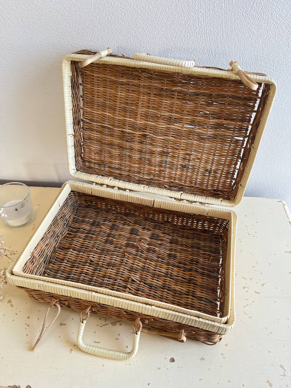 Vintage woven wicker suitcase